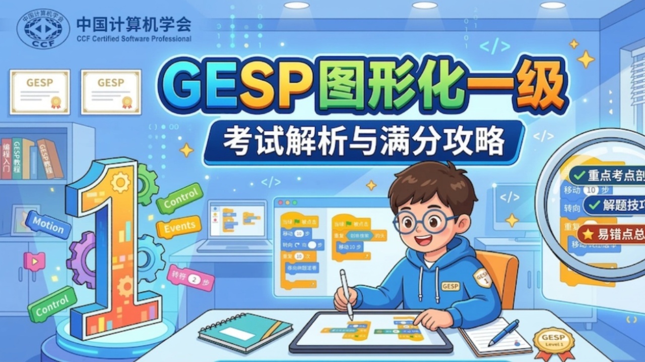 【家长收藏】2026 GESP图形化一级考后首发：真题还原及详细得分点解析