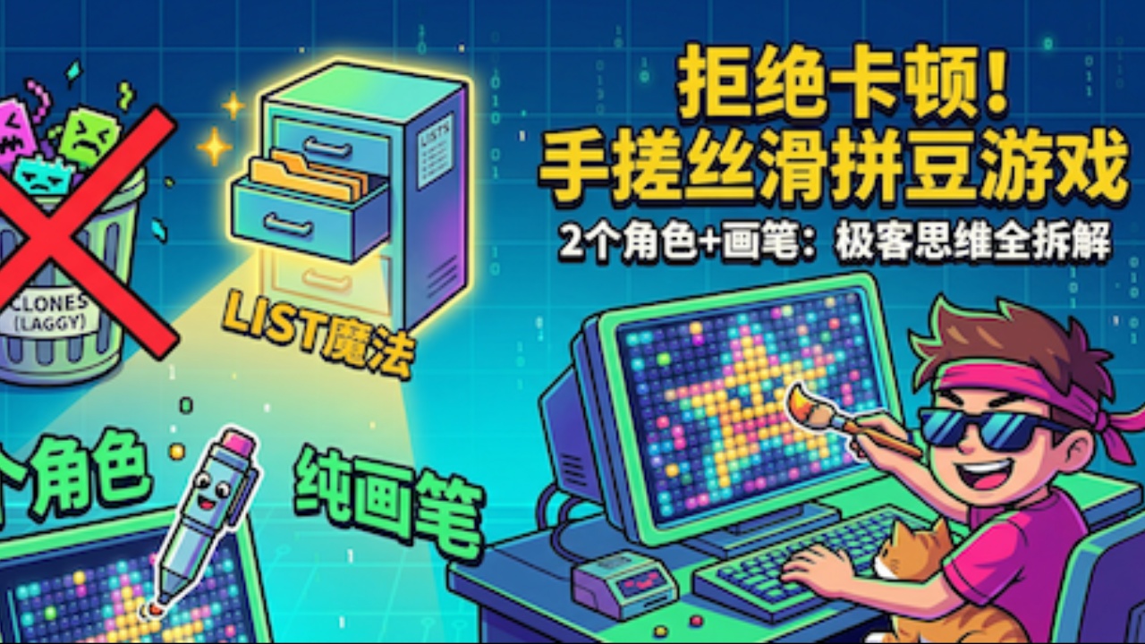 拒绝卡顿!只用2个角色,在Scratch里手搓一个神仙级“拼豆”游戏